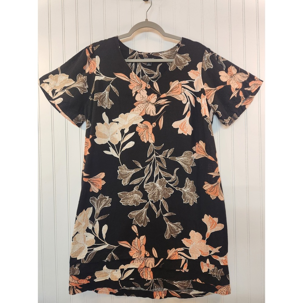 Nicole Miller Black Floral Linen‎ Blend V-Neck Shift Dress  Peach Large Summer
